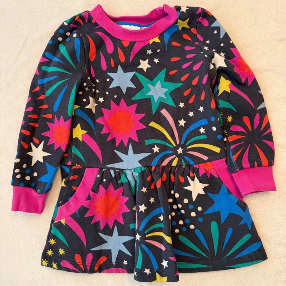 Mini Boden Charcoal Gray Dress with Starburst and Pink Trim